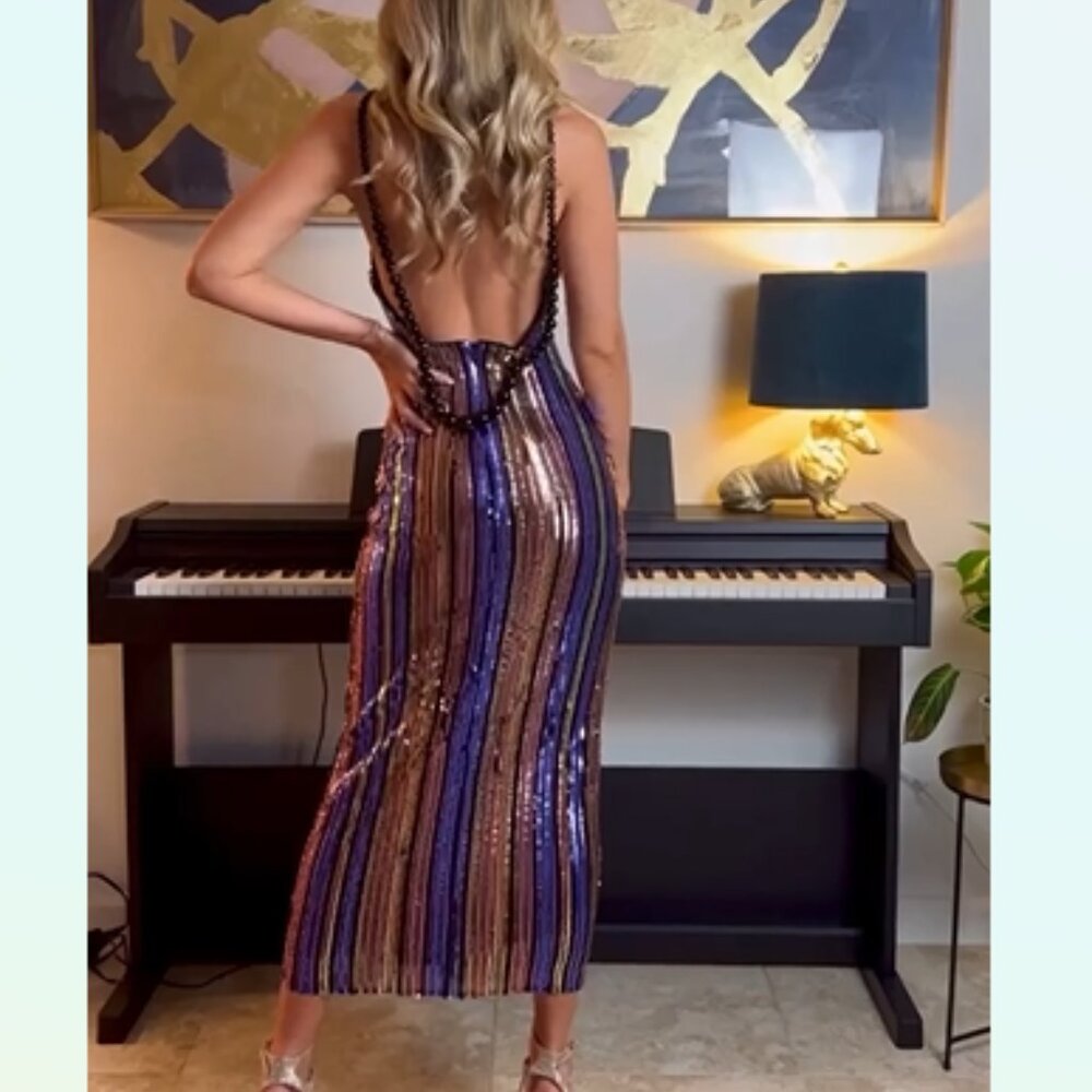 ONE33 Sequin Striped Midi Dress Open Back Beaded Straps Medium
